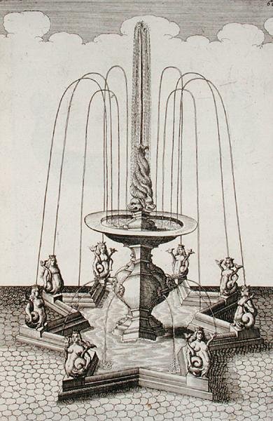 نافورة حورية البحر ، من 'Architectura Curiosa Nova' ، بقلم جورج أندرياس بوكلر (1617-85) ، نُشرت عام 1704 (نقش) بواسطة المدرسة الألمانية