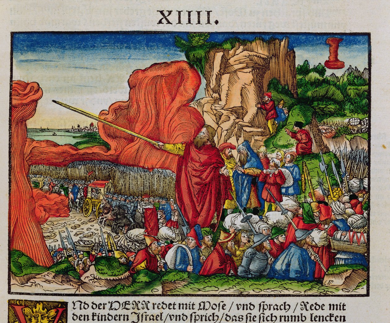 موسى يعبر البحر الأحمر ، من الكتاب المقدس لوثر ، ج .1530 (قطع خشبية ملونة) بواسطة المدرسة الألمانية