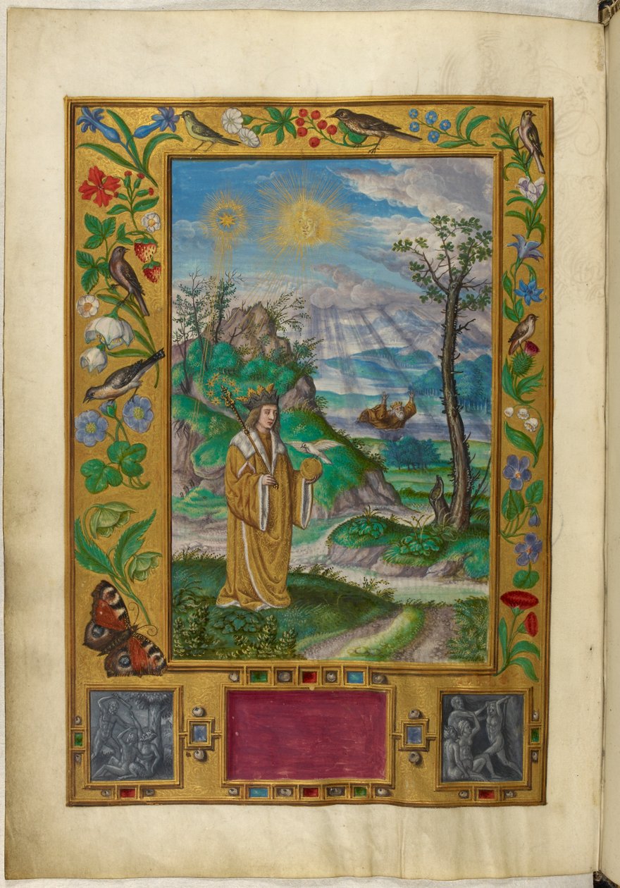 السيدة هارلي 3469 ، f.16v شخصية متوجة بالصولجان والكرة ، المثل الثالث ، من "سبلندور سوليس" لسالومون تريزموسين بواسطة المدرسة الألمانية