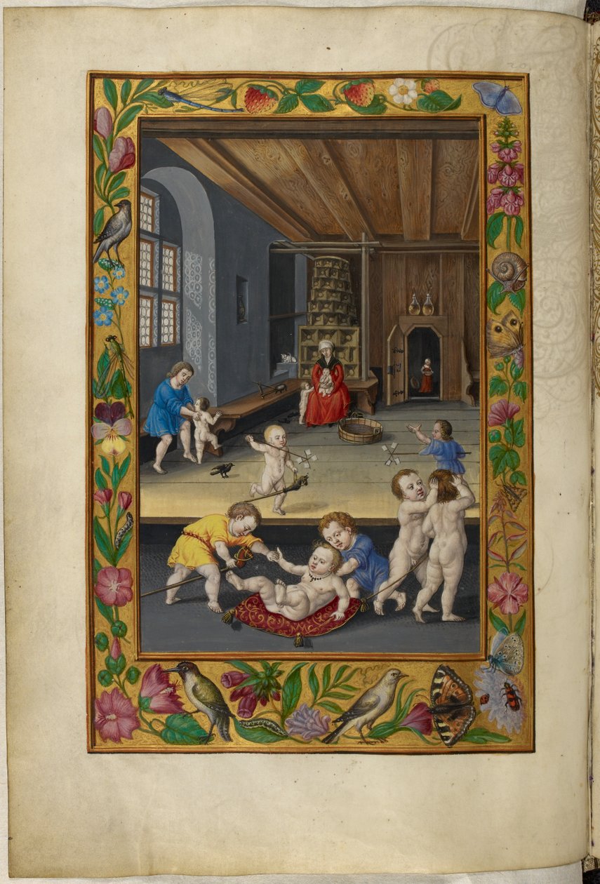السيدة هارلي 3469 ، f.31v أطفال يلعبون في غرفة ، الرسالة الخامسة ، من "روعة سوليس" بقلم سالومون تريزموسين بواسطة المدرسة الألمانية