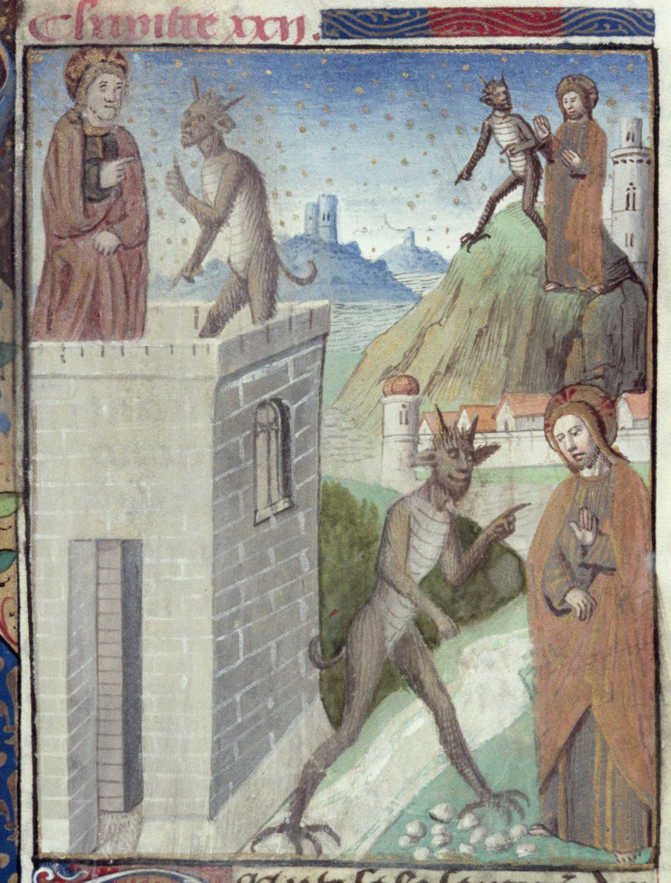 السيدة Hunter 36 f.110r المشاهد الثلاثة للإغراء ، من Vita Christi ، بواسطة Ludolf of Saxony ، c.1300-7778 بواسطة المدرسة الألمانية