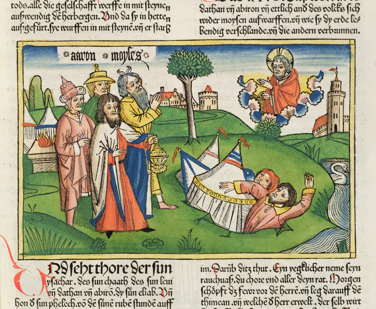 عدد 16 32 الأرض تبتلع المتمردين داثان وأبيرام من الكتاب المقدس نورمبرغ (Biblia Sacra Germanaica) (قطع خشبية ملونة) بواسطة المدرسة الألمانية