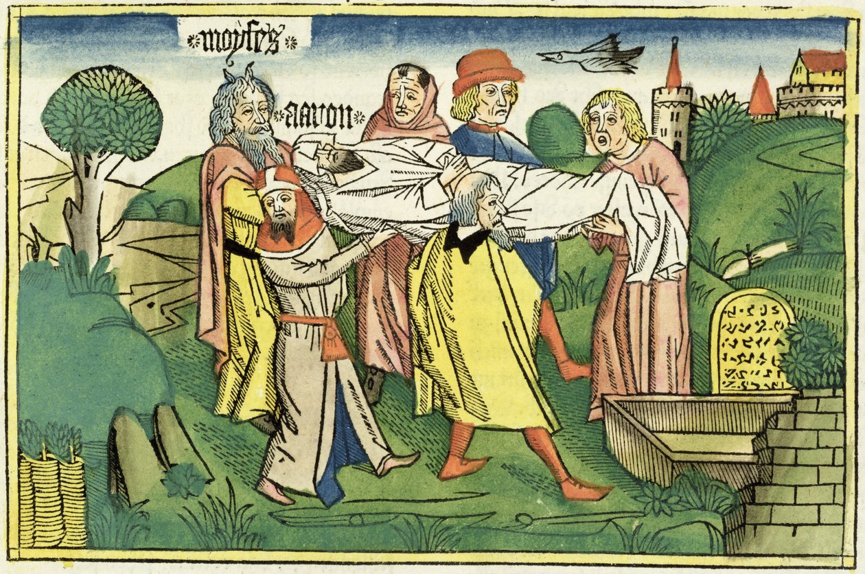 أرقام 20 22-29 وفاة هارون ، من الكتاب المقدس نورمبرغ (Biblia Sacra Germanaica) (قطع خشبية ملونة) بواسطة المدرسة الألمانية