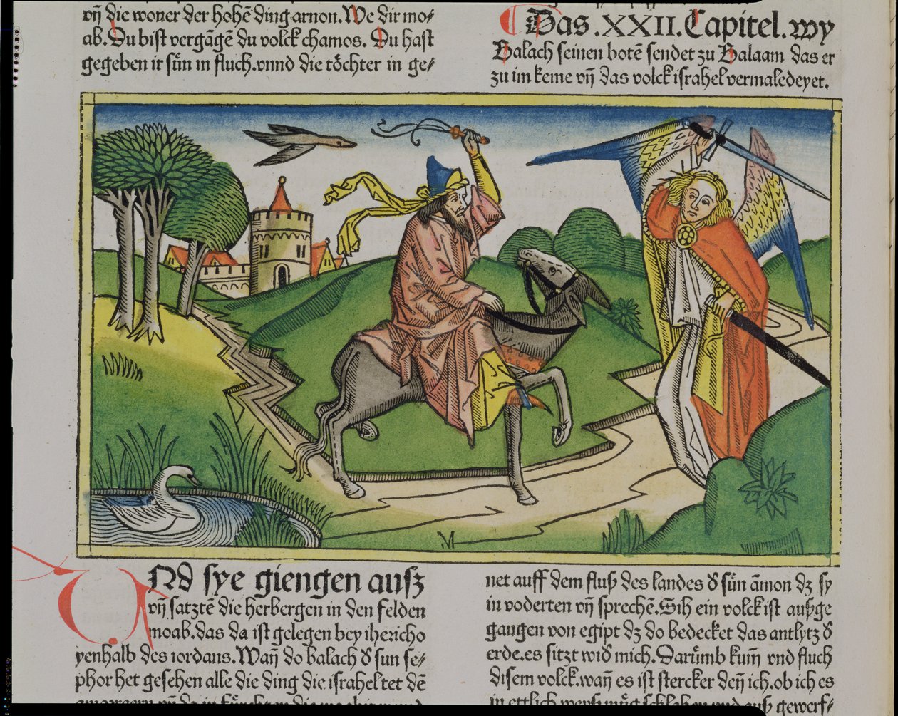 أرقام 22 20-35 بلعامس يتحدث الحمار ، من الكتاب المقدس نورمبرغ (Biblia Sacra Germanaica) (قطع خشبية ملونة) بواسطة المدرسة الألمانية