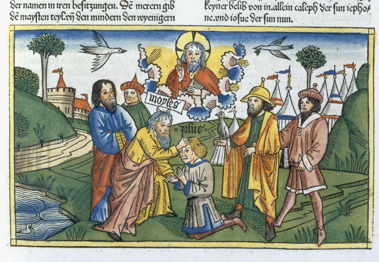 أرقام 27 18-23 موسى يضع يده على جوشوا ، من الكتاب المقدس نورمبرغ (Biblia Sacra Germanaica) (قطع خشبية ملونة) بواسطة المدرسة الألمانية