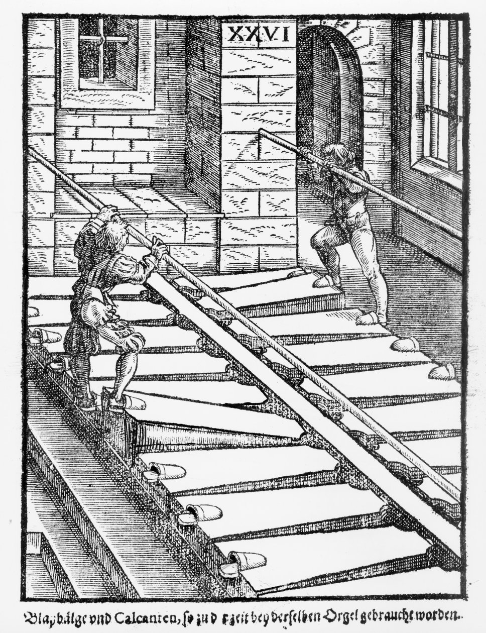 منفاخ الأرغن ومنفاخ في كاتدرائية هالبرشتات ، من Praetorious Syntagma Musicum ، حانة. عام 1619 بواسطة المدرسة الألمانية