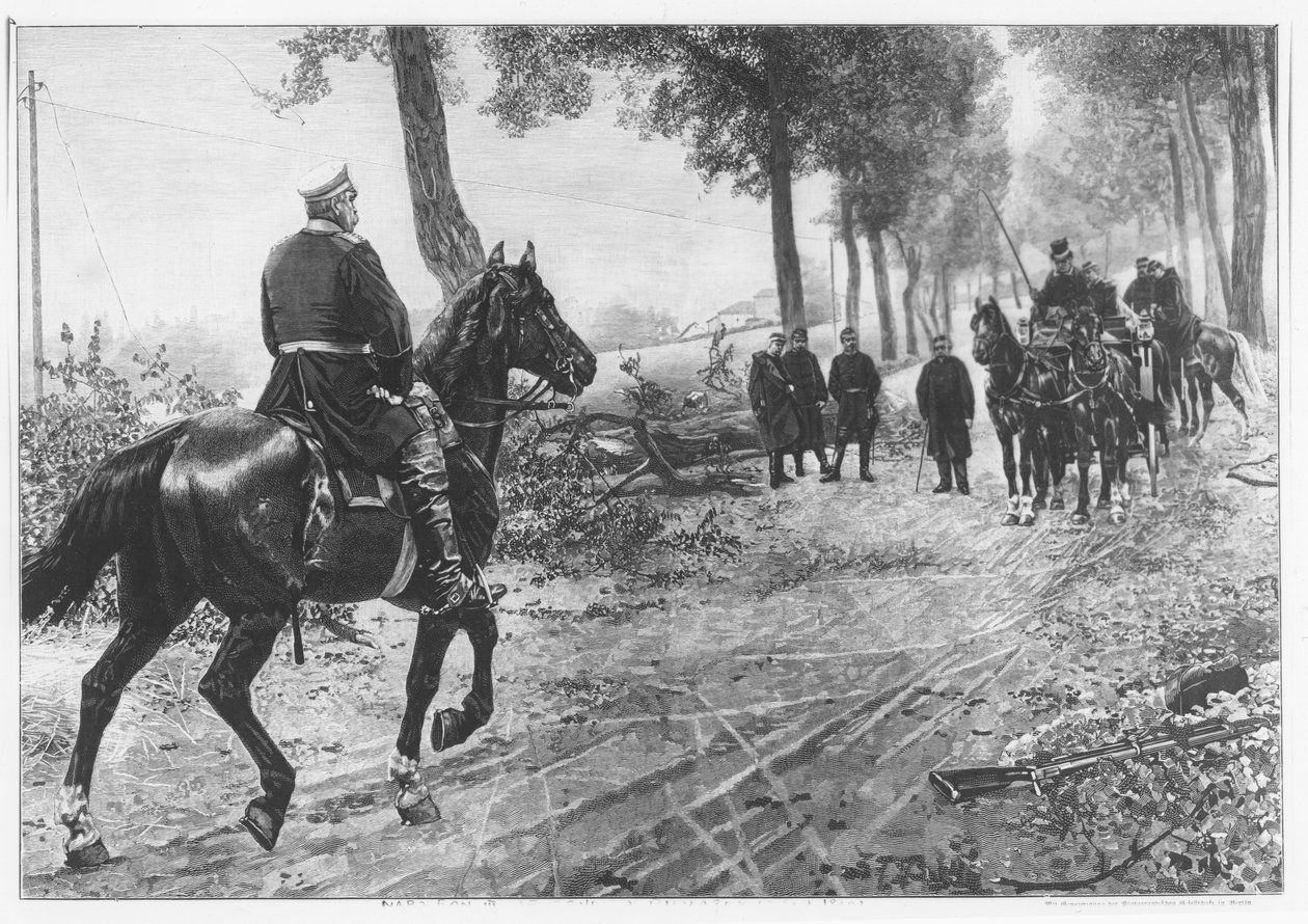 اجتماع أوتو فون بسمارك ونابليون الثالث في Chaussee Von Donchery في الثاني من سبتمبر 1870 (نقش) بواسطة المدرسة الألمانية