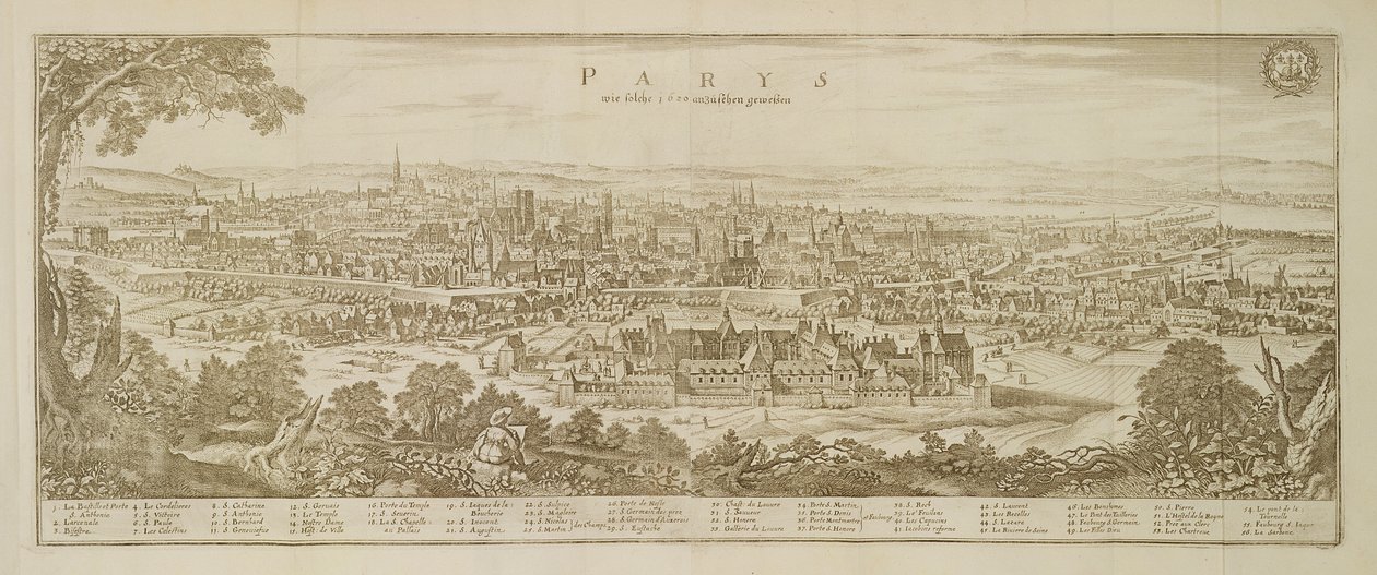 منظر بانورامي لباريس عام 1620 ، من طوبوغرافيا غاليا بواسطة مارتن زيلر (1589-1661) تم نشره عام 1655 بواسطة المدرسة الألمانية