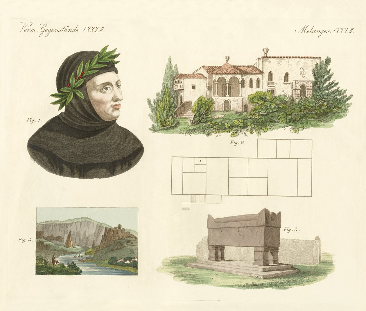 Petrarca ، شقته في Arqua ، قبره مع منظر فوكلوز (نقش ملون) بواسطة المدرسة الألمانية