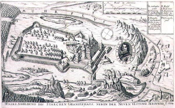 مخطط لمعقل الجرانيت بالقرب من نيو سيرينوار في عام 1664 ، رسم توضيحي من كتاب عن الحملات العثمانية في أوروبا ، نقش بواسطة بول فورست (1605-66) (نقش) بواسطة المدرسة الألمانية