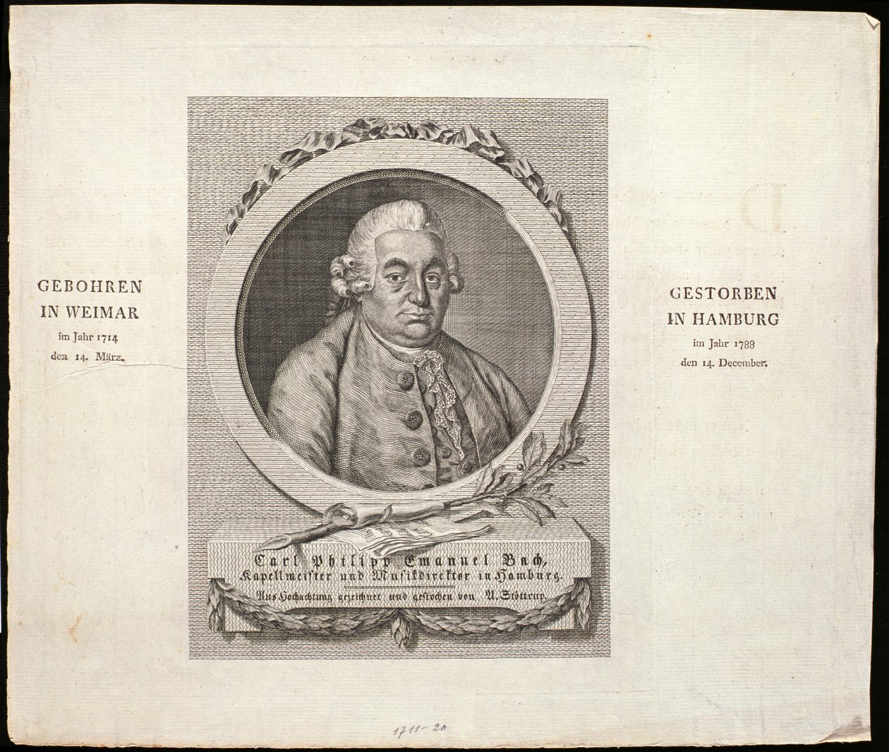 صورة لكارل فيليب إيمانويل باخ (1714-1788) منقوش بواسطة سي دي كرون ، 1788 بواسطة المدرسة الألمانية