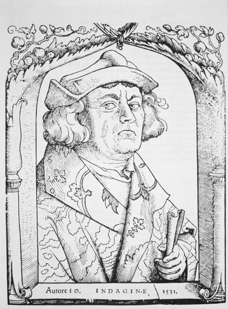 صورة لجون إنداجين ، بعد هانز بالدونغ غرين ، من Chiromantia بواسطة Ioannes ab Indagine ، ستراسبورغ 1531 ، موضحة في تاريخ السحر ، نُشرت في أواخر القرن التاسع عشر بواسطة المدرسة الألمانية