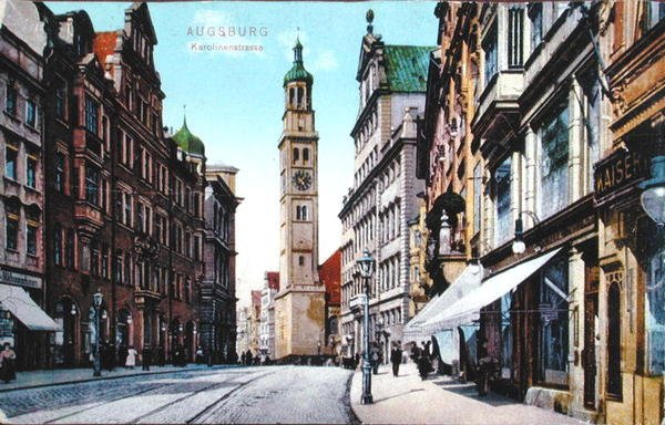 بطاقة بريدية تصور Karolinenstrasse في أوغسبورغ ، حوالي عام 1910 (صورة ملونة) بواسطة المدرسة الألمانية