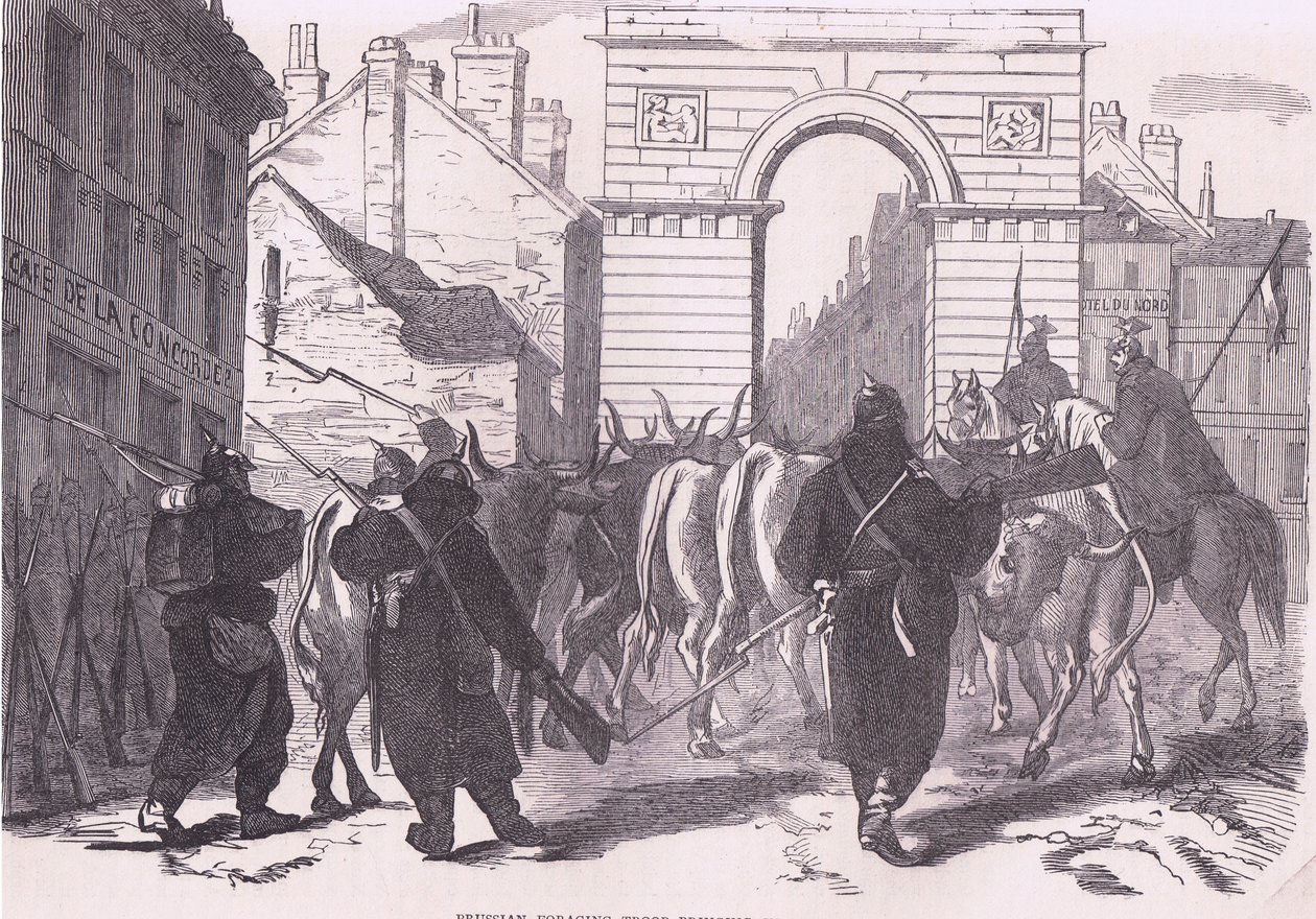قوات العلف البروسية تجلب الماشية ، Cassells History of the War بين فرنسا وألمانيا الذي نشرته Cassell and Company Limited ، c1890 (litho) بواسطة المدرسة الألمانية