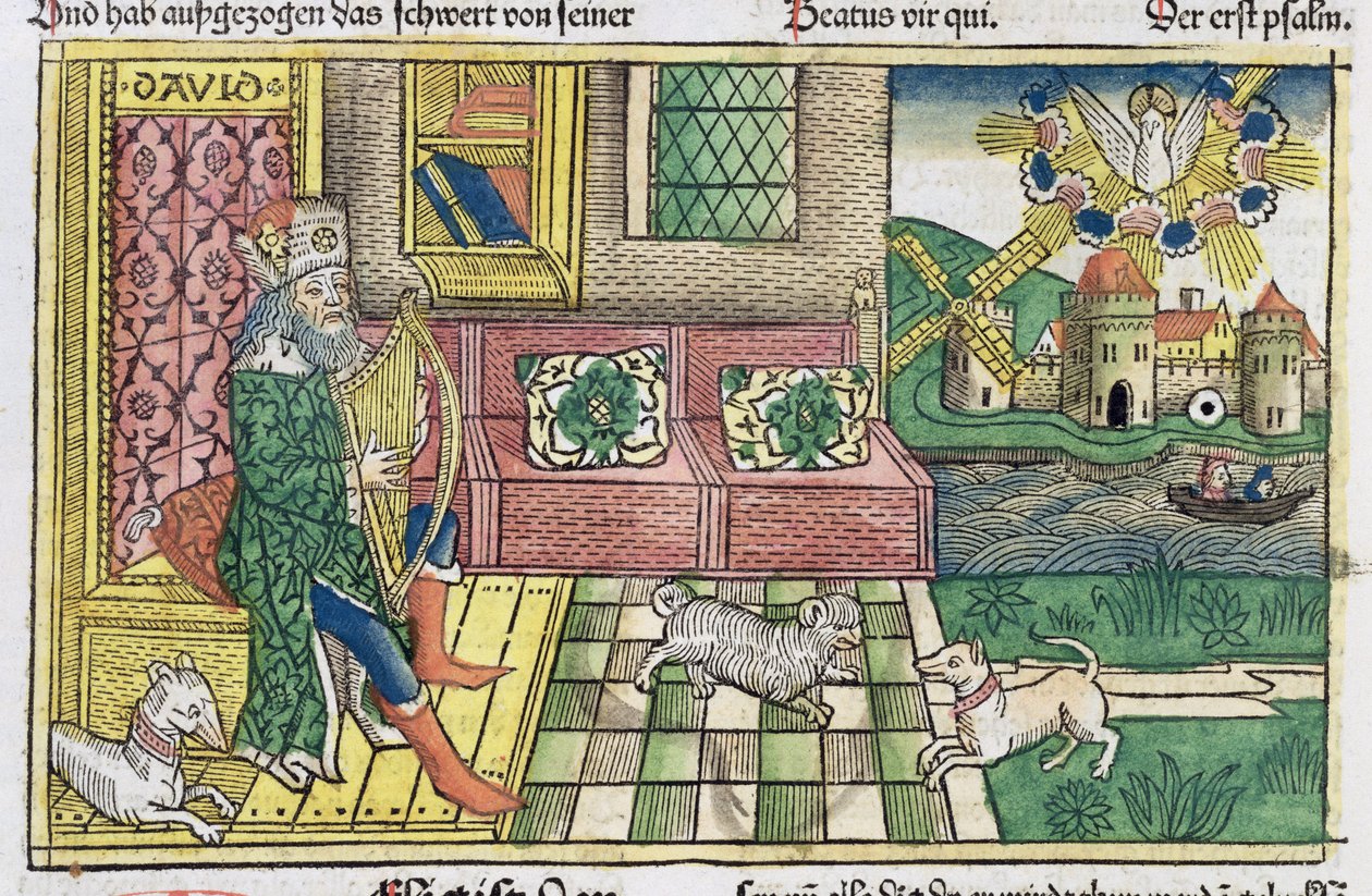 المزامير: صورة تظهر الملك داود وهو يعزف على القيثارة من كتاب نورمبرغ المقدس (Biblia Sacra Germanaica) (قطع خشبية ملونة) بواسطة المدرسة الألمانية