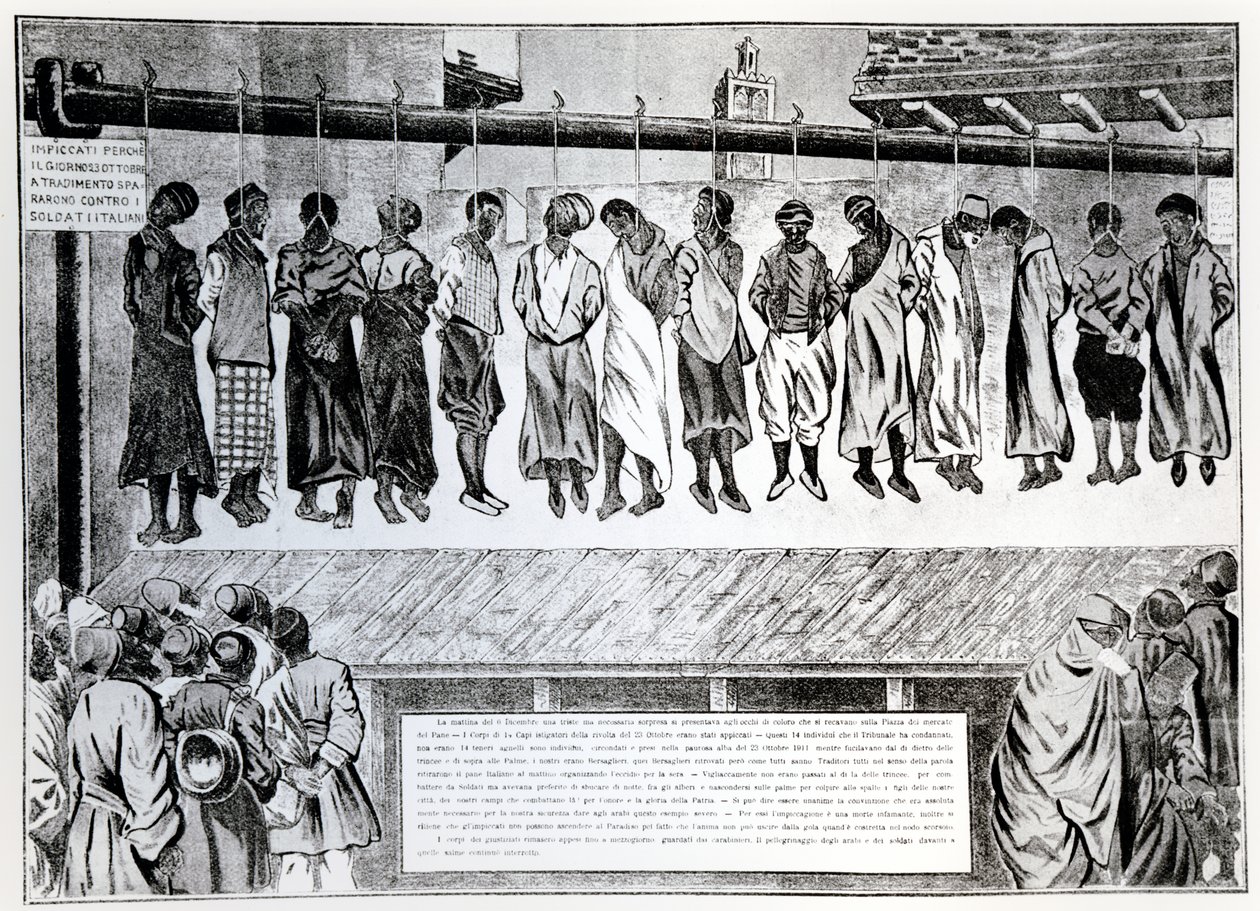 الإعدام العلني لمواطني طرابلس ، الذين عارضوا الغزو الإيطالي عام 1911 ، من مجلة Simplicissimus ، 1912 بواسطة المدرسة الألمانية