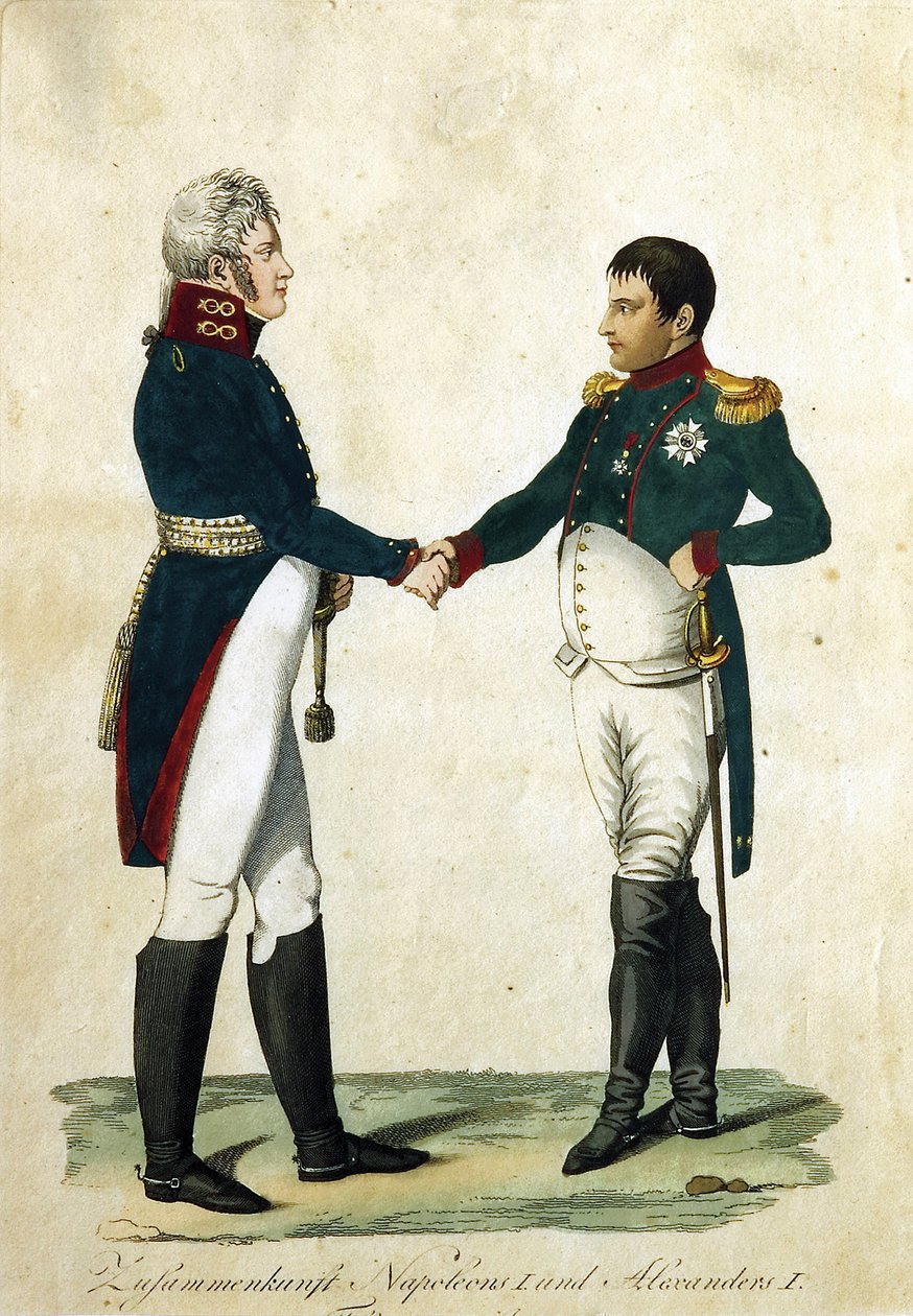 لقاء نابليون (1769-1821) والقيصر الكسندر الأول (1777-1825). (لقاء نابليون والكسندر الأول). عمل مجهول ونقش وألوان مائية بواسطة المدرسة الألمانية