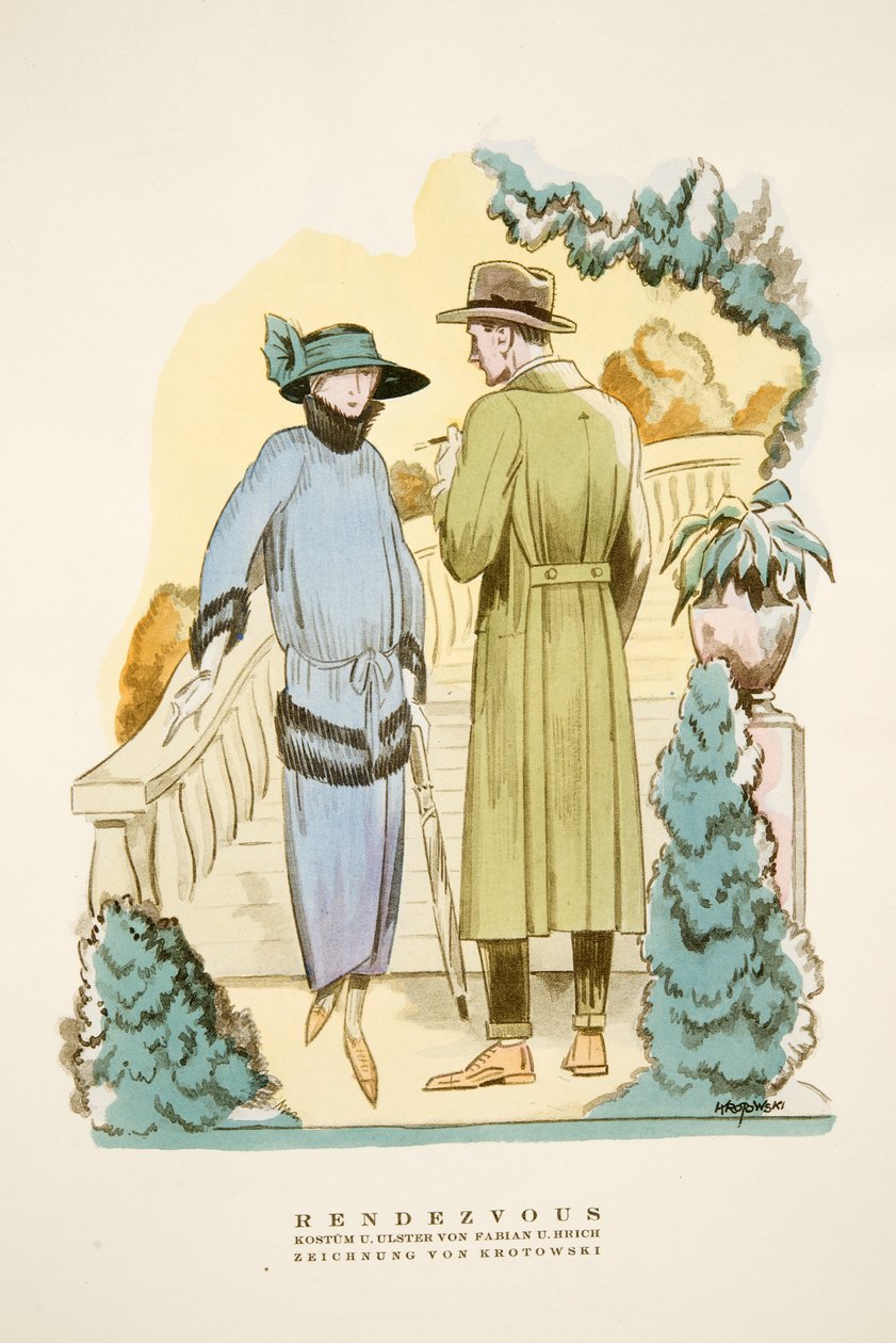Rendezvous, outfit and "Ulster" overcoat by Fabian & Hrich from Styl, pub.1922 (pochoir print) بواسطة المدرسة الألمانية