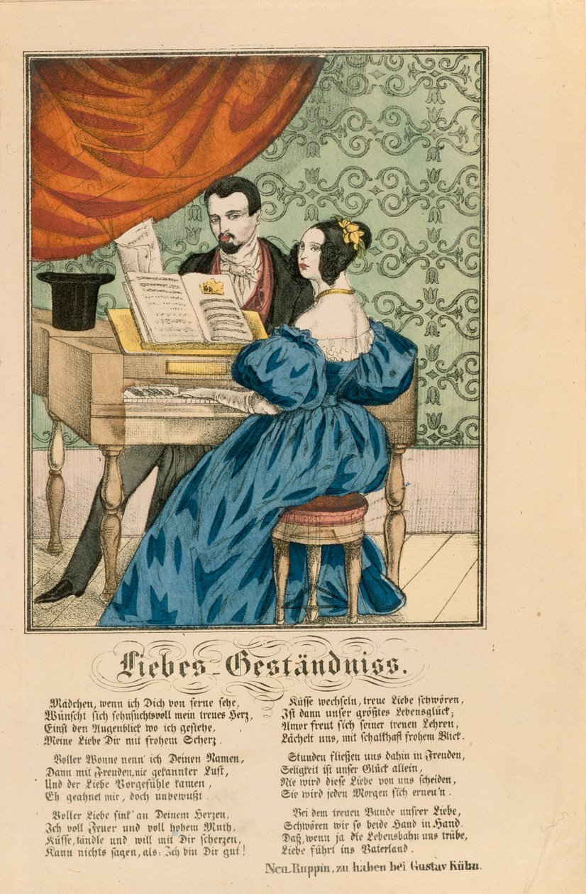 مشهد يظهر زوجين في البيانو ، مع قصيدة حب مكتوبة تحتها ، من Neuruppiner Bilderbogen ، 1850 بواسطة المدرسة الألمانية