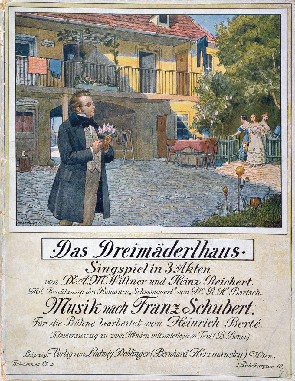 تغطية نقاط داس Dreimaederlhaus (بيت الفتيات الثلاث) تصور شوبرت أمام المنزل ، 1916 بواسطة المدرسة الألمانية