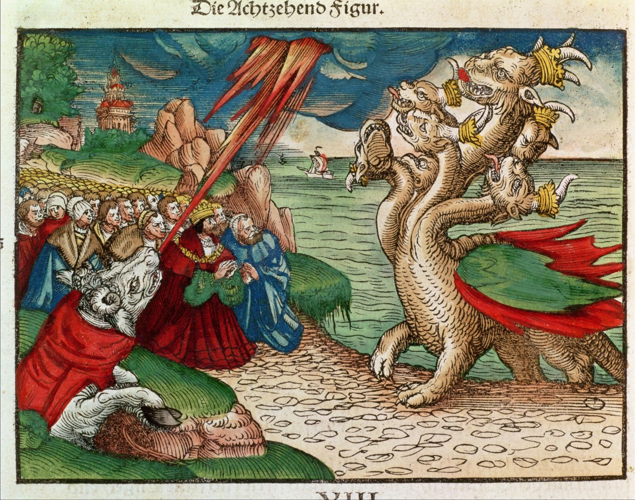 الحية ذات الرؤوس السبعة من سفر الرؤيا ، من الكتاب المقدس لوثر ، c.1530 (قطع خشبية ملونة) بواسطة المدرسة الألمانية