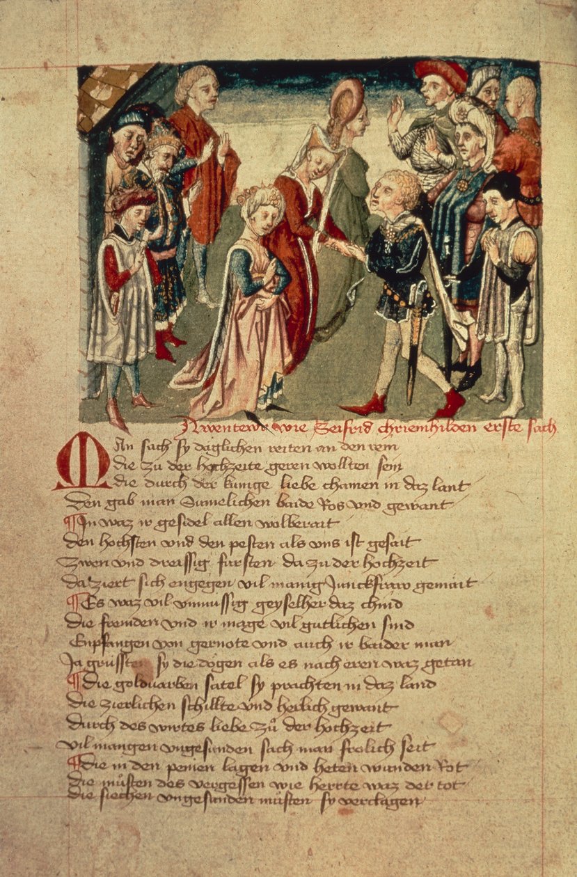 يرى سيغفريد Kreimhild لأول مرة ، من "Hundeshagen Nibelungen Codex" (رق) بواسطة المدرسة الألمانية