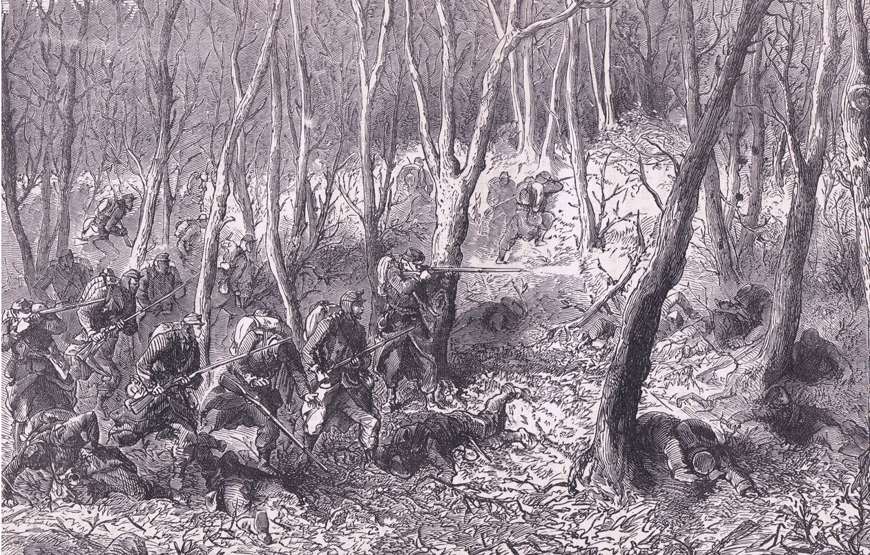 مناوشات في الغابة خارج باريس ، Cassells History of the War بين فرنسا وألمانيا التي نشرتها Cassell and Company Limited ، c1890 (litho) بواسطة المدرسة الألمانية