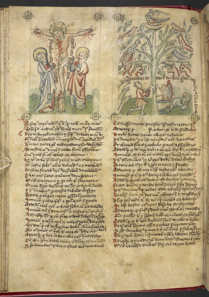 سلون 361 ، ص 26 نبوخذ نصر يرى شجرة في المنام ؛ الصلب ، من "منظار الخلاص البشري" (الحبر واللون على الرق) بواسطة المدرسة الألمانية