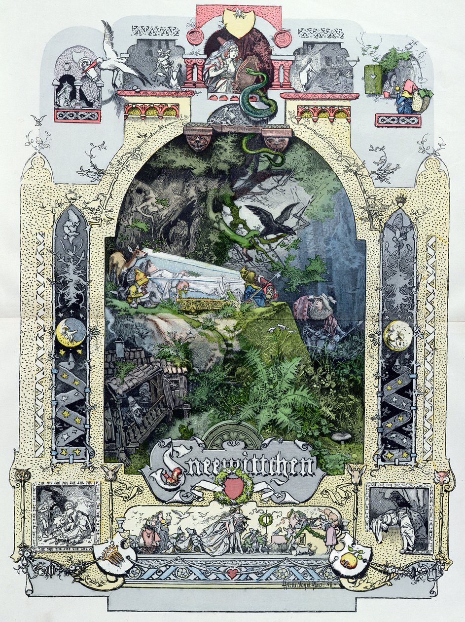 سنو وايت في جرابها الزجاجي ، رسم توضيحي من Muenchener Bilderbogen ، c.1880 بواسطة المدرسة الألمانية
