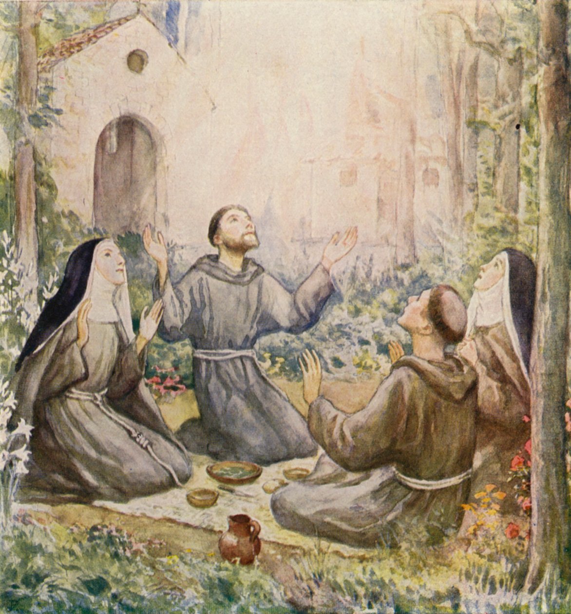 القديس فرنسيس والقديسة كلير الأسيزي يتناولان الوجبة خارج كنيسة القديسة مريم للملائكة (صورة حجرية ملونة) بواسطة المدرسة الألمانية