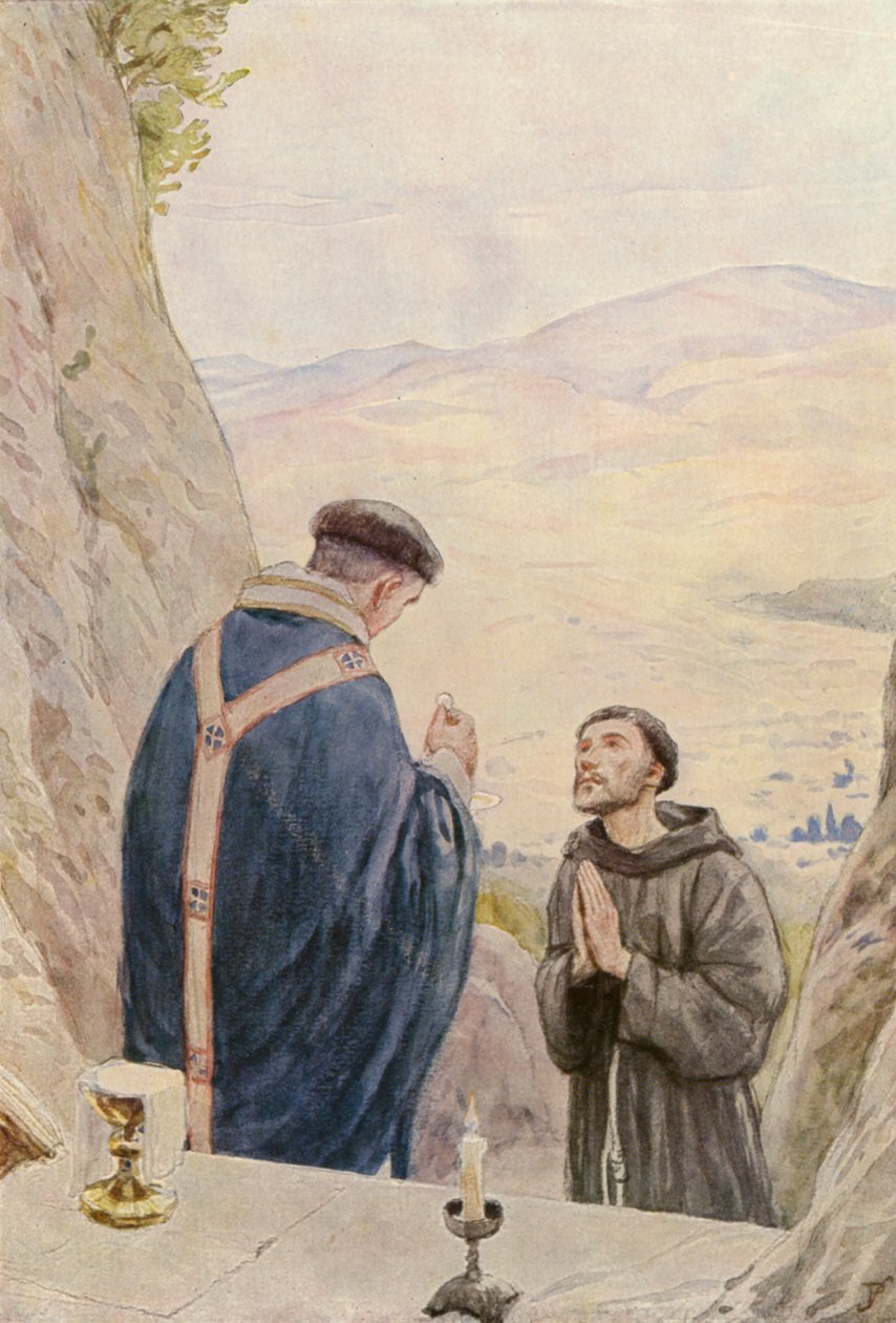 القديس فرنسيس يحتفل بالقداس مع الأخ ليو (صورة حجرية ملونة) بواسطة المدرسة الألمانية