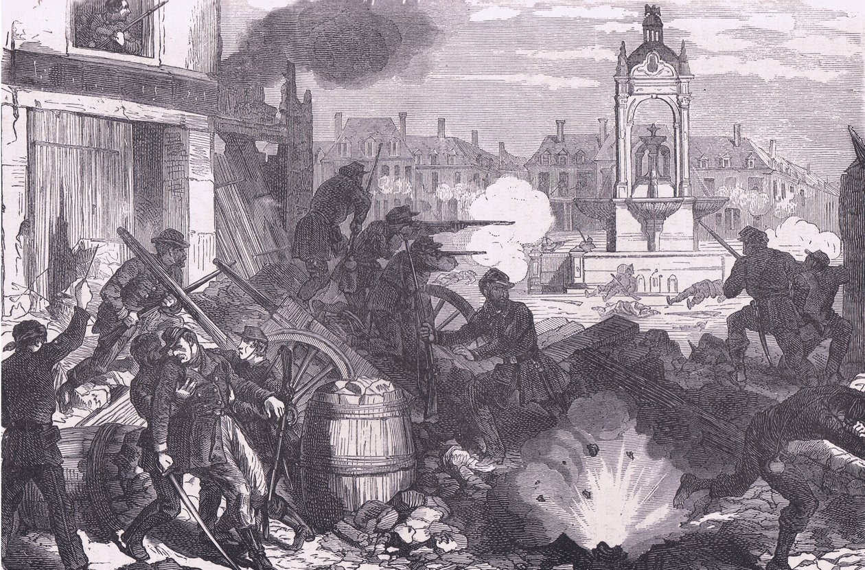 قتال الشوارع في Chateaudun ، Cassells History of the War بين فرنسا وألمانيا الذي نشرته Cassell and Company Limited ، c1890 (litho) بواسطة المدرسة الألمانية