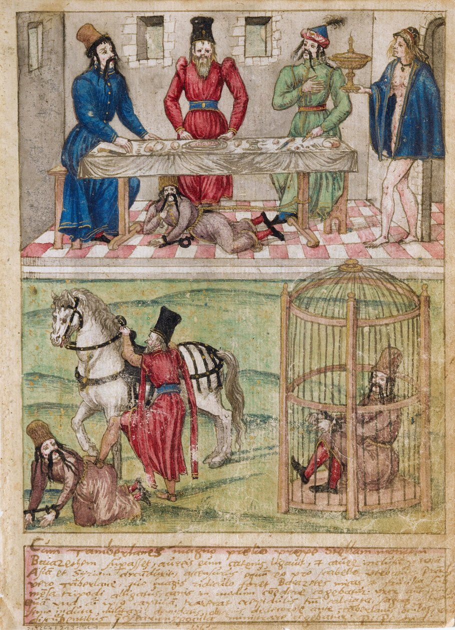 تم أسر السلطان بايزيد الأول (حوالي 1360-1389) من قبل تيمورلنك (1336-1405) (أو تيمور لانج ، "تيمور الأعرج") بعد معركة أنقرة عام 1402. لوحة مائية على رق من القرن السادس عشر سيد ألماني. مجموعة خاصة بواسطة المدرسة الألمانية
