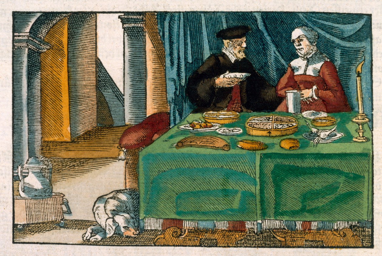 مائدة العشاء ، من مخطوطة ألمانية ، ج .1650 (نقش يدوي) بواسطة المدرسة الألمانية