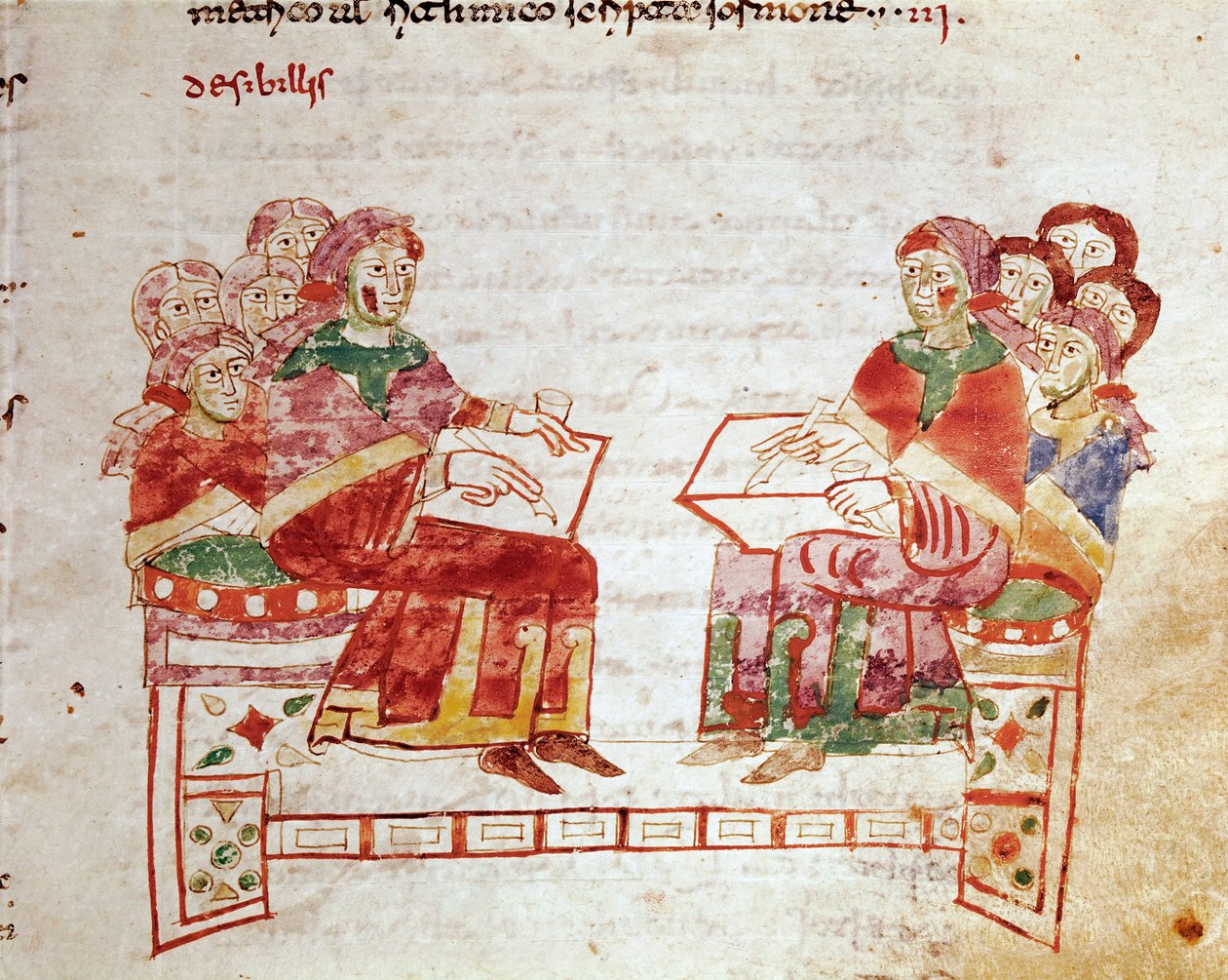 مشهد تعليمي في مدرسة مصغرة مأخوذ من مجلد "" de Gymnasium "في" "De Universo" "(أو De rerum naturis (De la Nature des choses)) (كود 132) لـ Rabanus Maurus Magnentius (أو Raban Maur أو رابانو ماورو) (حوالي 780-856). القرن ال بواسطة المدرسة الألمانية