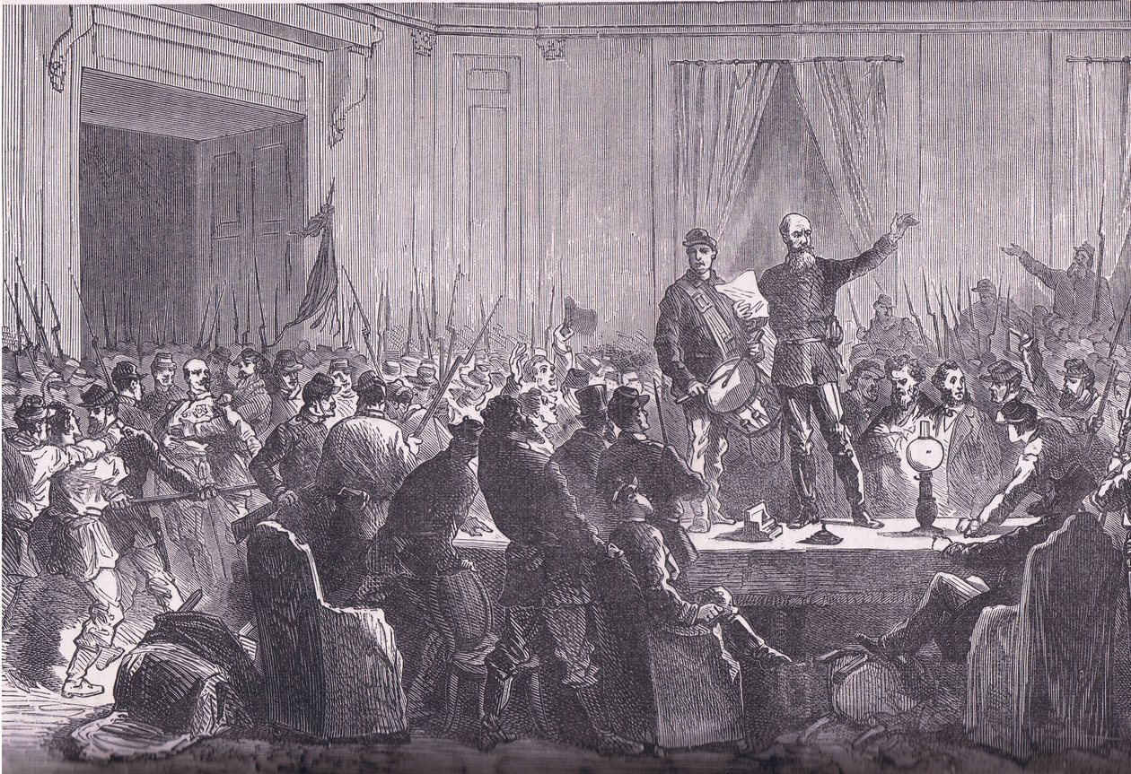 The 106th Battalion of National Guards delivering Trochu at the Hotel De Ville, Cassells History of the War between France and Germany published by Cassell and Company Limited, c.1890 (litho) بواسطة المدرسة الألمانية