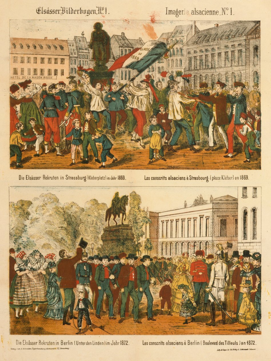 المجندين الألزاس في ستراسبورغ (Kleberplatz) في عام 1869 وفي برلين (تحت دن ليندن) في عام 1872 ، من Elsaesser Bilderbogen ، الذي نشره A. Schneider ، Strasbourg ، 1873 بواسطة المدرسة الألمانية