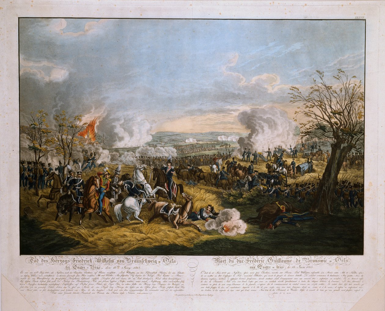 وفاة دوق فريدريك ويليام من برونزويك (1771-1815) - في معركة كواتر براس ، 16 يونيو 1815 ، نشرها جيه إل روجينداس ، 1815 (ألوان مائية) بواسطة المدرسة الألمانية