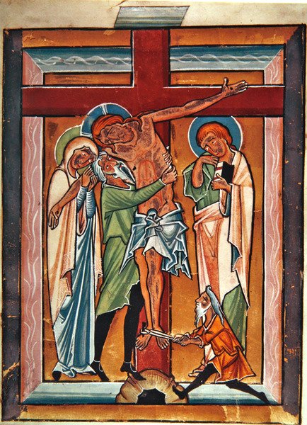 The Descent from the Cross، c.1230 (تمبرا وأوراق الذهب على الرق) بواسطة المدرسة الألمانية