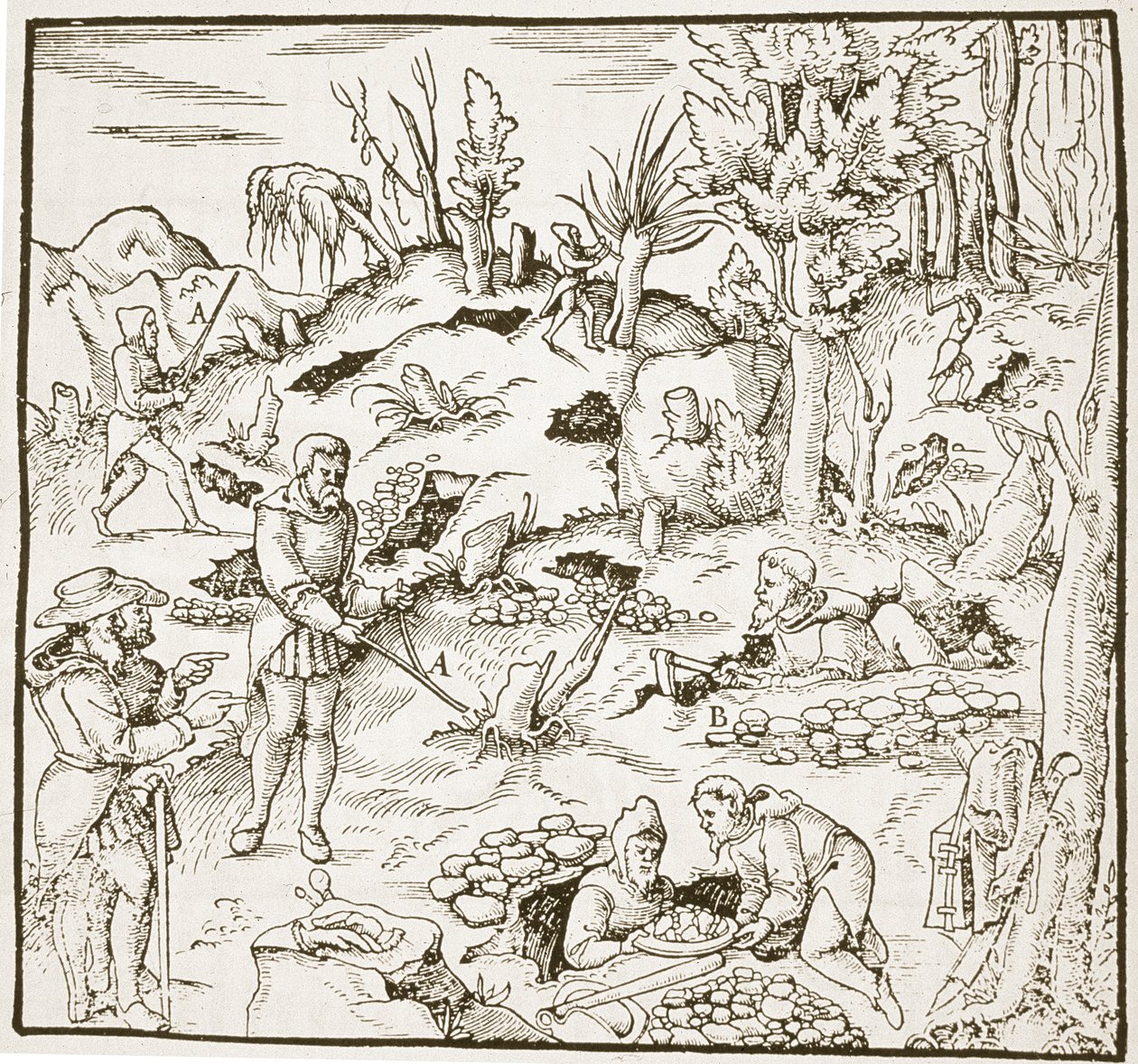 The Divining Rod ، من Bergwerk Buch بواسطة Georg Agricola ، فرانكفورت 1580 ، موضحة في تاريخ السحر ، نُشرت في أواخر القرن التاسع عشر بواسطة المدرسة الألمانية