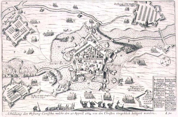 حاصر المسيحيون حصن كانيشا عبثًا في عام 1664 ، وهو رسم توضيحي من كتاب عن الحملات العثمانية في أوروبا ، نقش بواسطة بول فورست (1605-66) (نقش) بواسطة المدرسة الألمانية