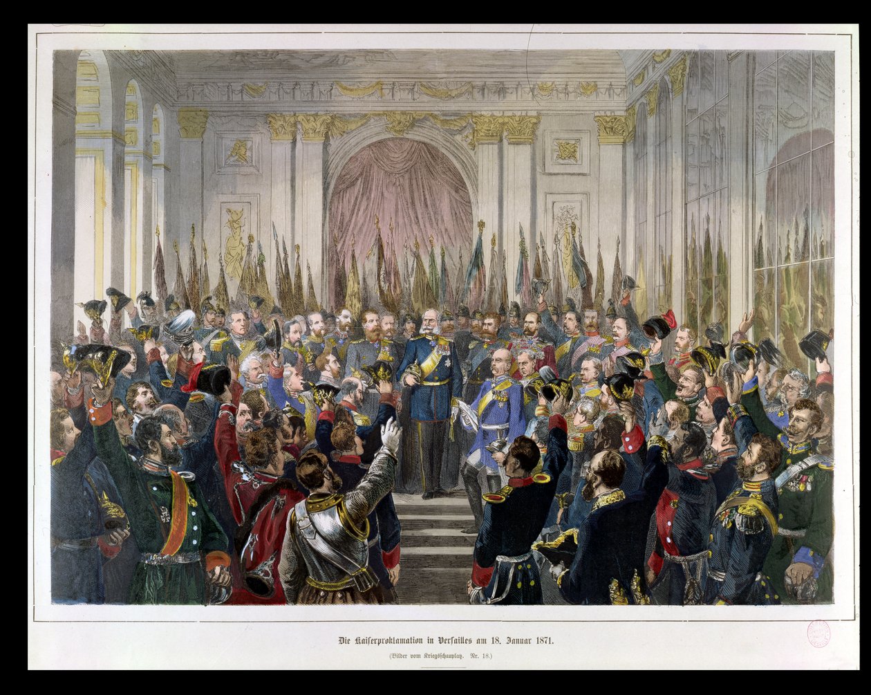 إعلان فيلهلم كقيصر للرايخ الألماني الجديد ، في قاعة المرايا في فرساي في 18 يناير 1871 ، 1871 (نقش الألوان) بواسطة المدرسة الألمانية