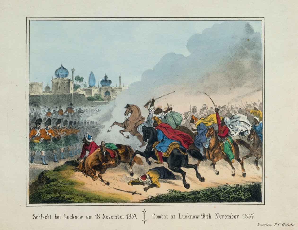 حصار لكناو في ولاية أوتار براديش خلال التمرد الهندي عام 1857 ، ورقة مصورة تم نشرها بواسطة PC Geissler ، Nuremberg ، 1857 بواسطة المدرسة الألمانية