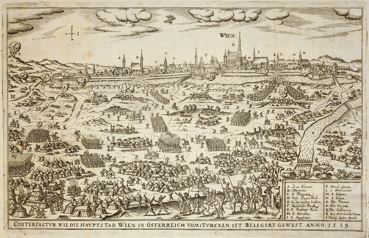 حصار فيينا عام 1529 ، توضيح من كتاب عن الحملات العثمانية في أوروبا ، نقشه بول فورست (c.1605-66) بواسطة المدرسة الألمانية