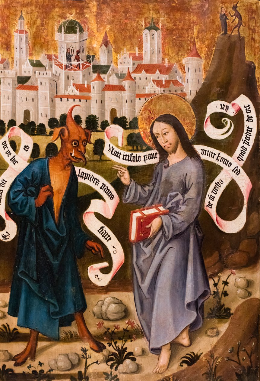 إغواء المسيح، حوالي 1490/1500 (تمبراً وزيت على لوح من خشب التنوب) بواسطة المدرسة الألمانية