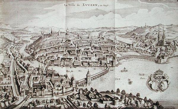 مدينة لوسيرن ، سويسرا ، من 'Itinera Alpina' بقلم يوهان جاكوب شيوتشيري ، نشرت عام 1706 (نقش) بواسطة المدرسة الألمانية