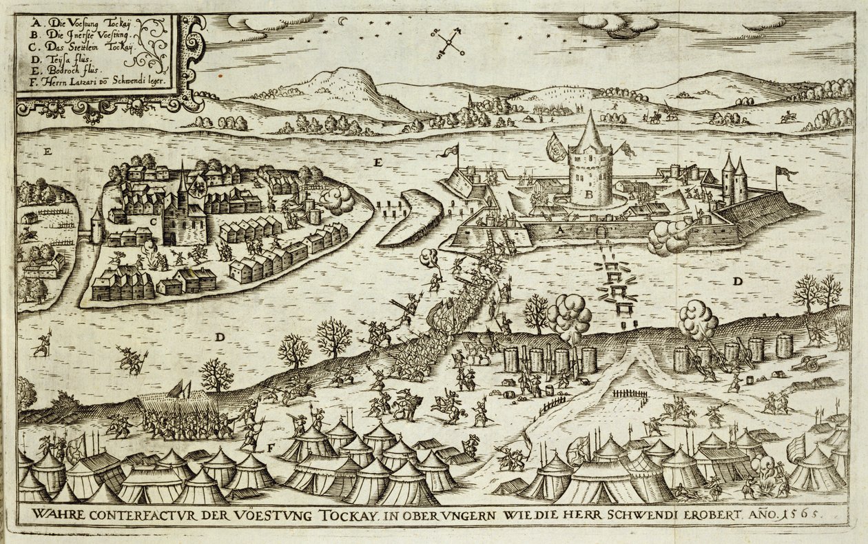 مدينة توكاي استردت من الأتراك بقلم هير شويندي في عام 1565 ، توضيح من كتاب عن الحملات العثمانية في أوروبا ، نقشه بول فورست (c.1605-66) بواسطة المدرسة الألمانية