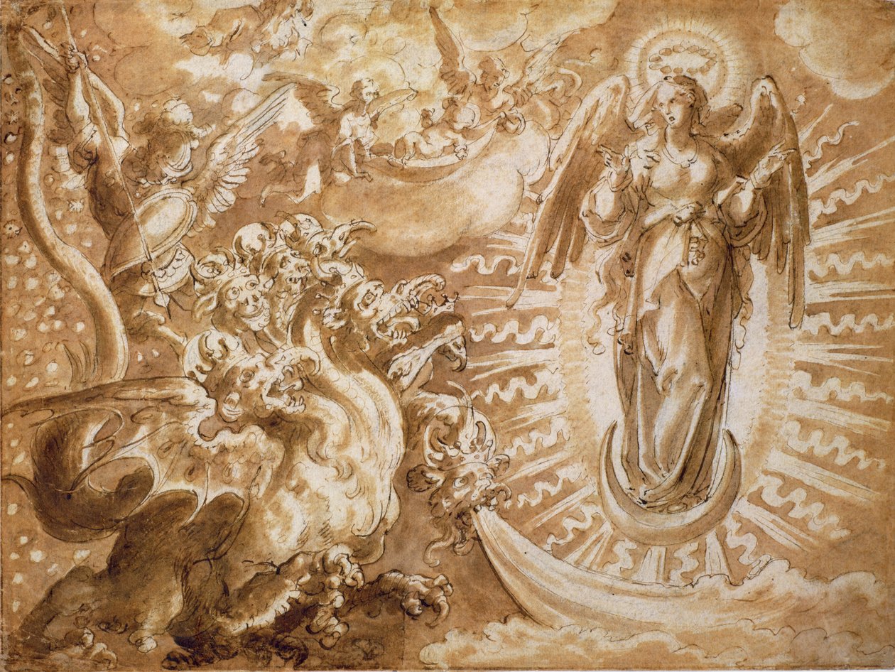 المرأة الملبسة بالشمس والتنين ذي السبعة رؤوس ، c.1600 (قلم وحبر مع طباشير أسود) بواسطة المدرسة الألمانية