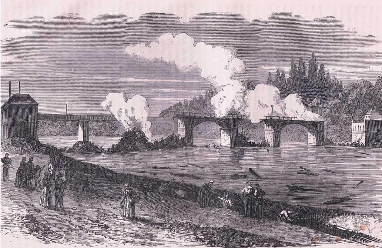 الدفاع عن حرق باريس لجسر Asnieres ، Cassells History of the War بين فرنسا وألمانيا الذي نشرته Cassell and Company Limited ، c1890 (litho) بواسطة المدرسة الألمانية