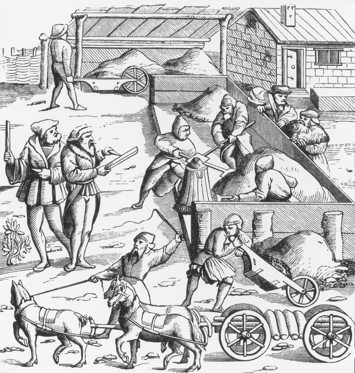 استخراج المعادن ، بعد قطع خشبية في Cosmographie Universelle of Munster ، نشر 1552 بواسطة المدرسة الألمانية